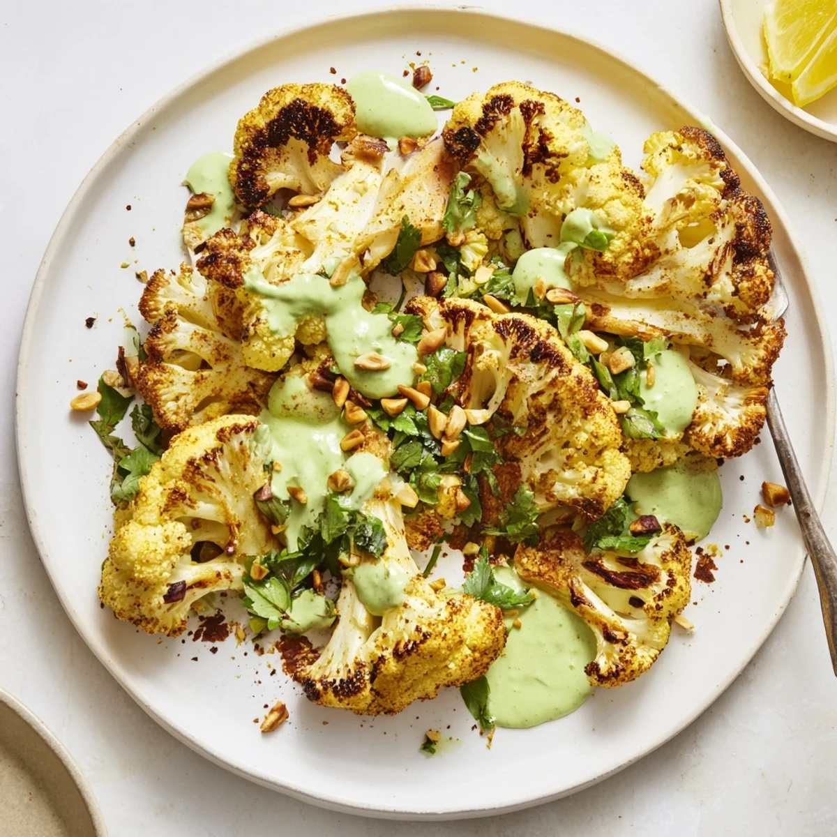 Crispy florets of Roasted Cauliflower With Green Tahini crowned with lemon wedge