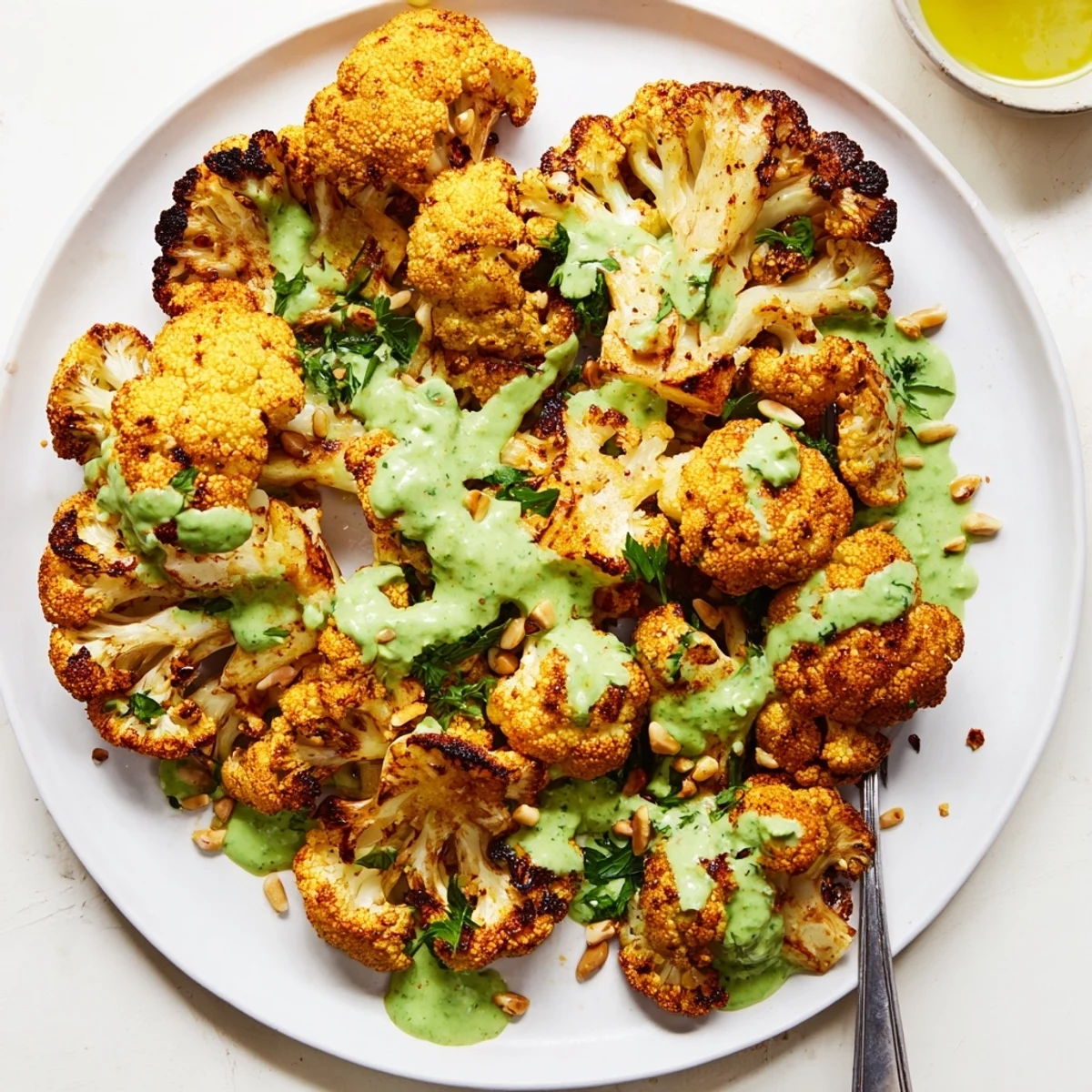 Warm Roasted Cauliflower With Green Tahini on platter, toasted pine nuts garnish  