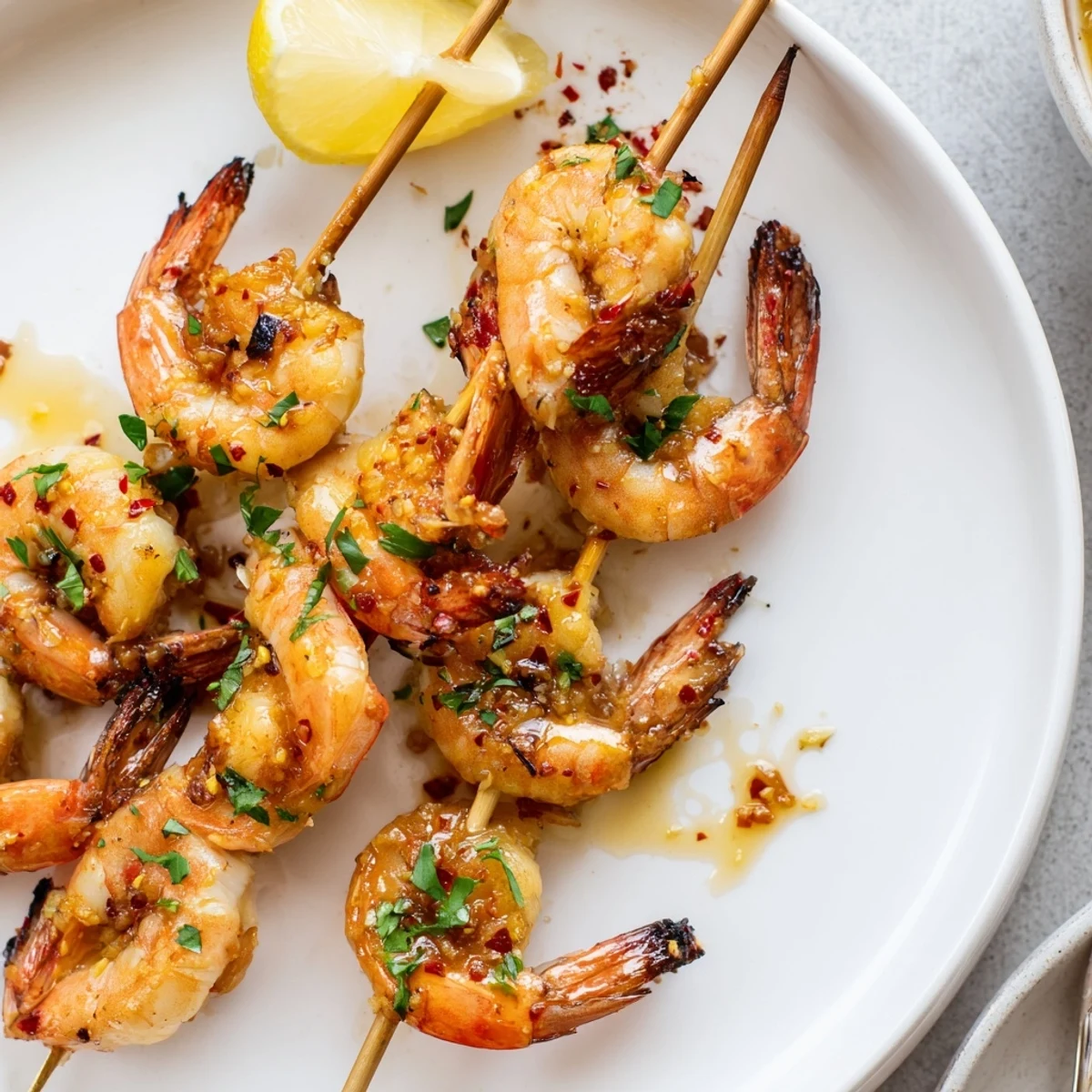 Lemon Chili Grilled Shrimp with charred edges, bright lemon wedges, parsley garnish