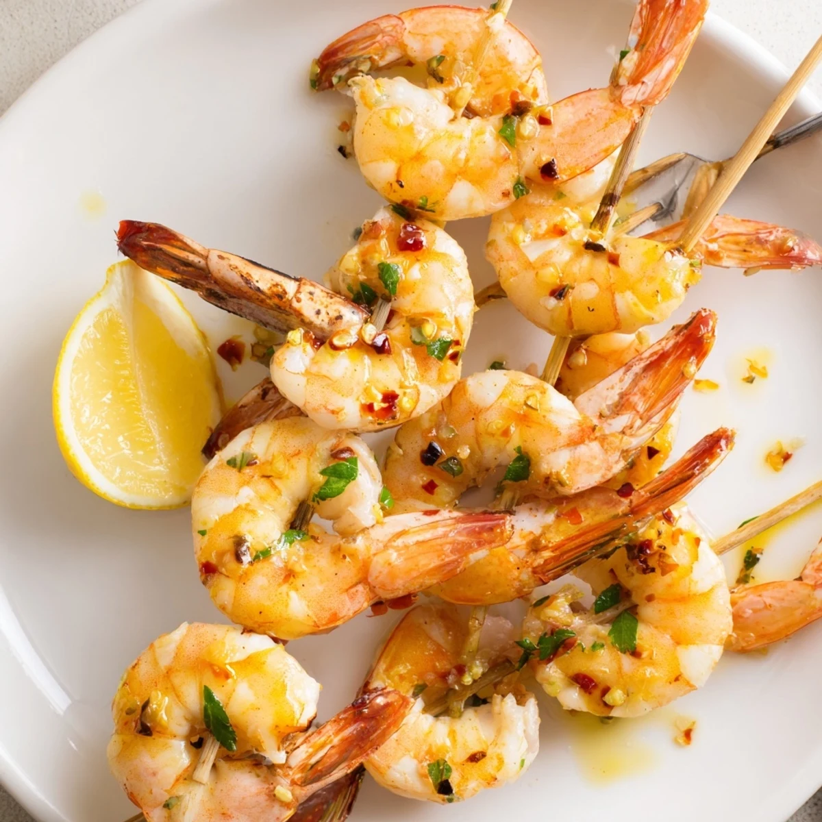 Skewered Lemon Chili Grilled Shrimp sizzling on grill, smoky heat and citrus