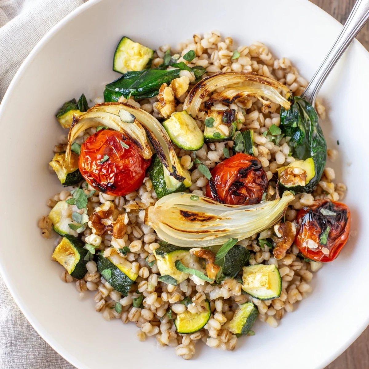 Warm Barley and Roasted Spring Onion Salad steaming with caramelized onions and lemon