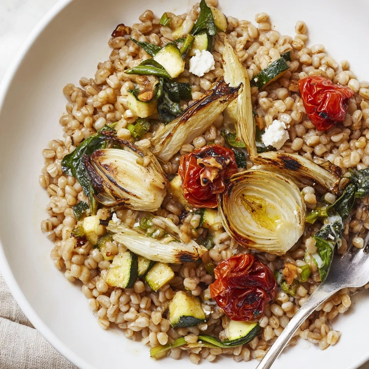 Warm Barley and Roasted Spring Onion Salad tossed with zucchini, cherry tomatoes, feta