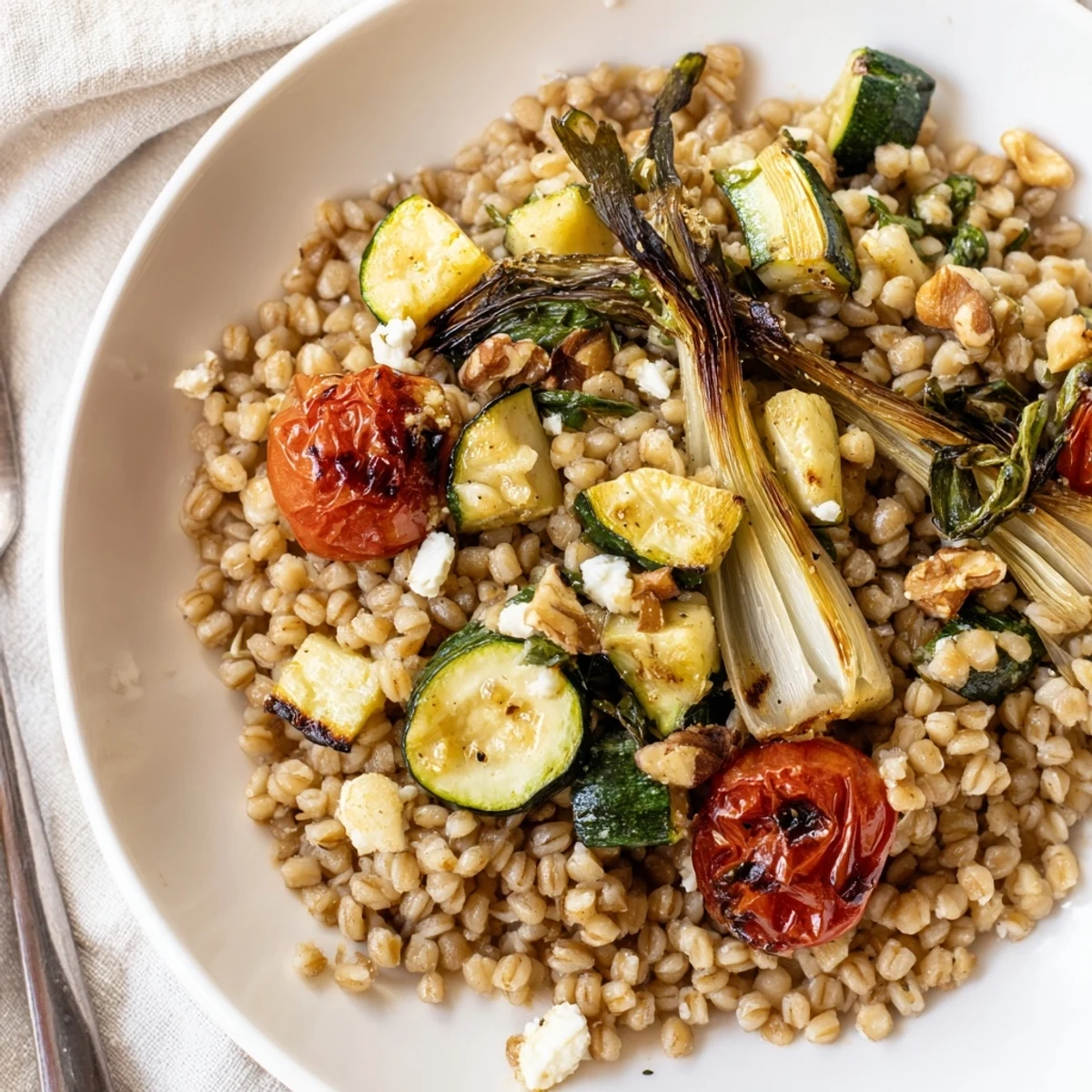Warm Barley and Roasted Spring Onion Salad served warm with toasted walnuts and parsley