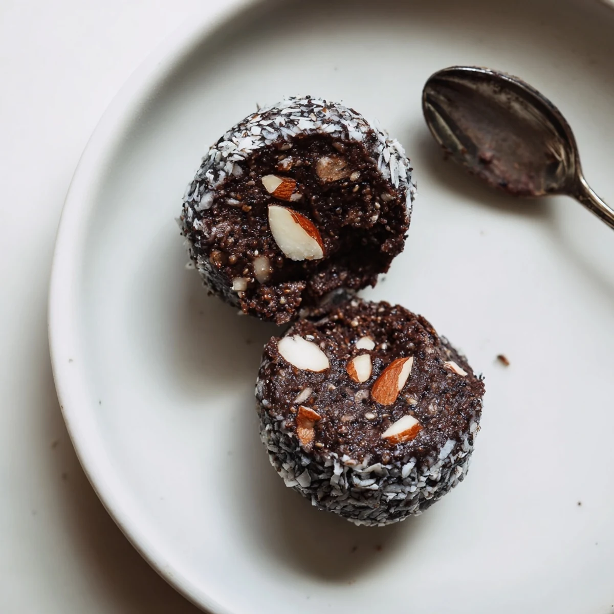Hand-rolled Cocoa Almond Butter Coconut Chia Treat glistening with maple, ready to serve  