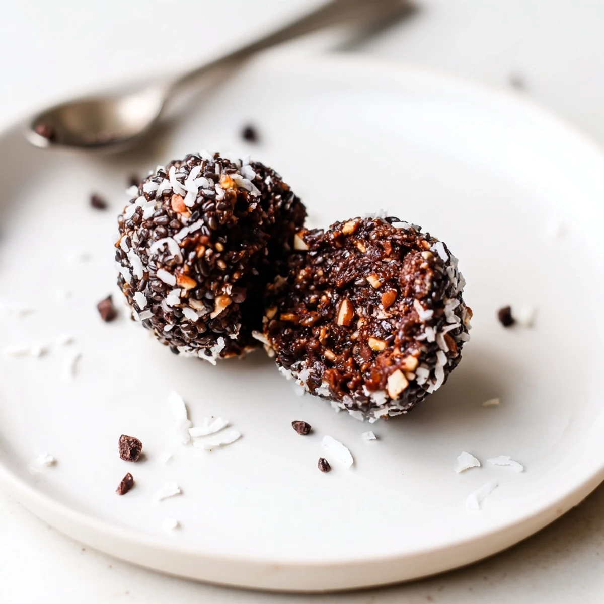 Chilled Cocoa Almond Butter Coconut Chia Treat on parchment, shredded coconut topping  