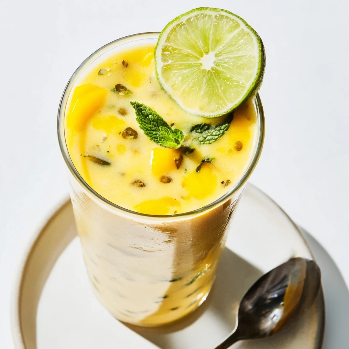 Mango Coconut Lime Smoothie in chilled glasses, creamy tropical aroma, lime wheel garnish