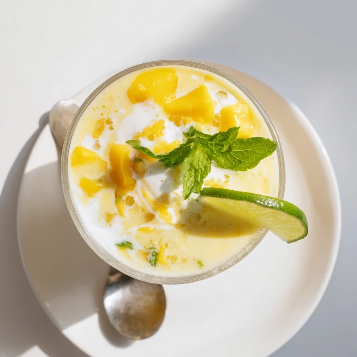 Thick Mango Coconut Lime Smoothie poured over ice, garnished with fresh mint