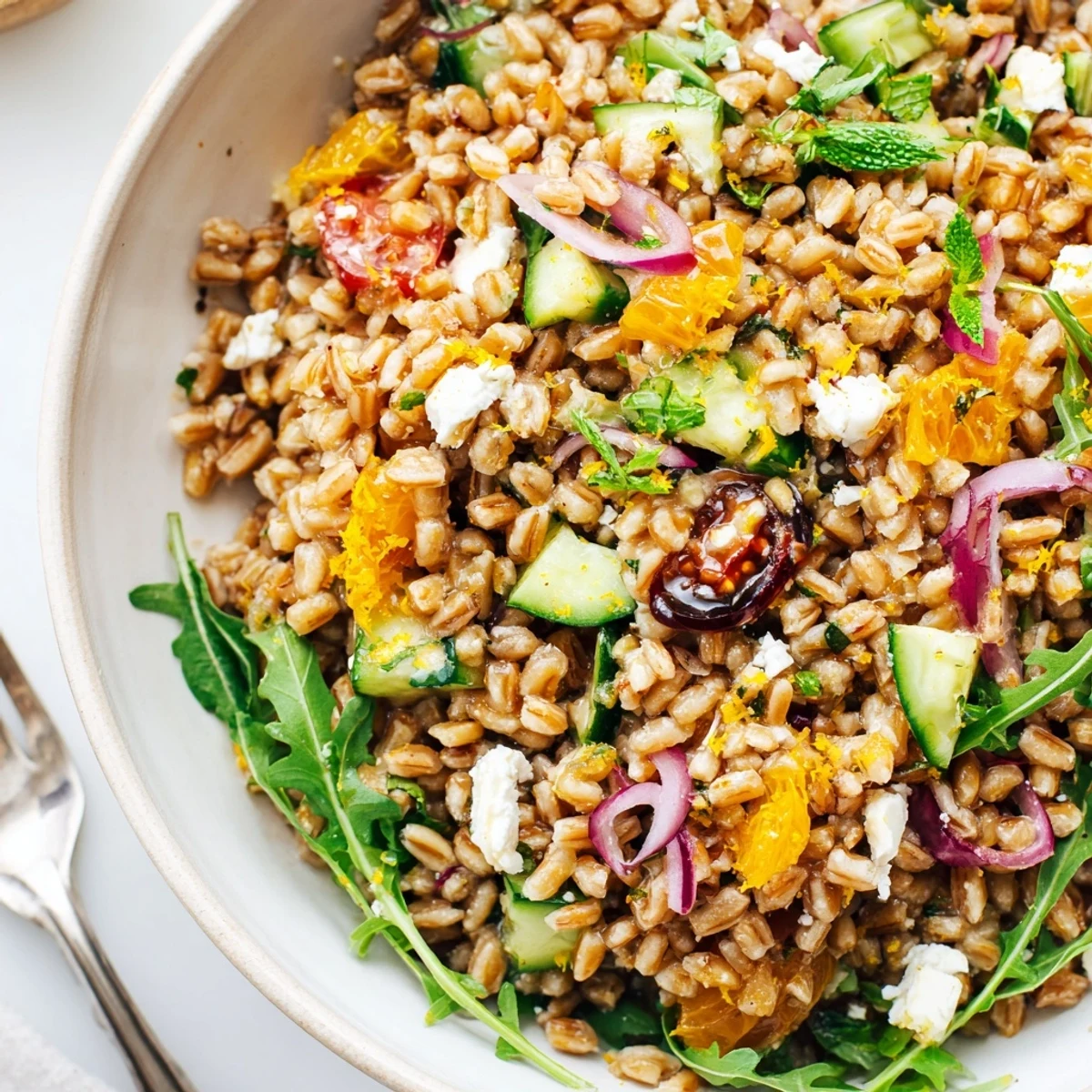 Citrus Herb Farro and Arugula Bowl with bright orange vinaigrette and feta