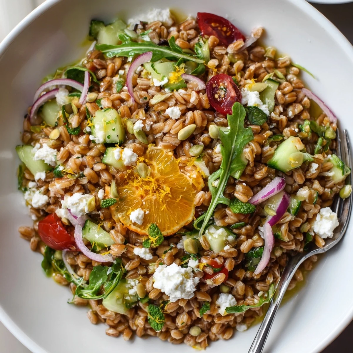 Warm nutty Citrus Herb Farro and Arugula Bowl tossed with fresh mint