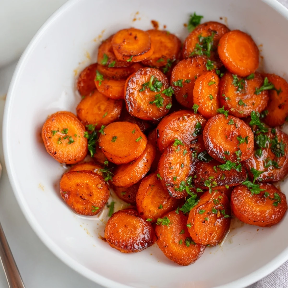 Smoky Roasted Carrot Coins glistening with olive oil, caramelized edges, fragrant paprika