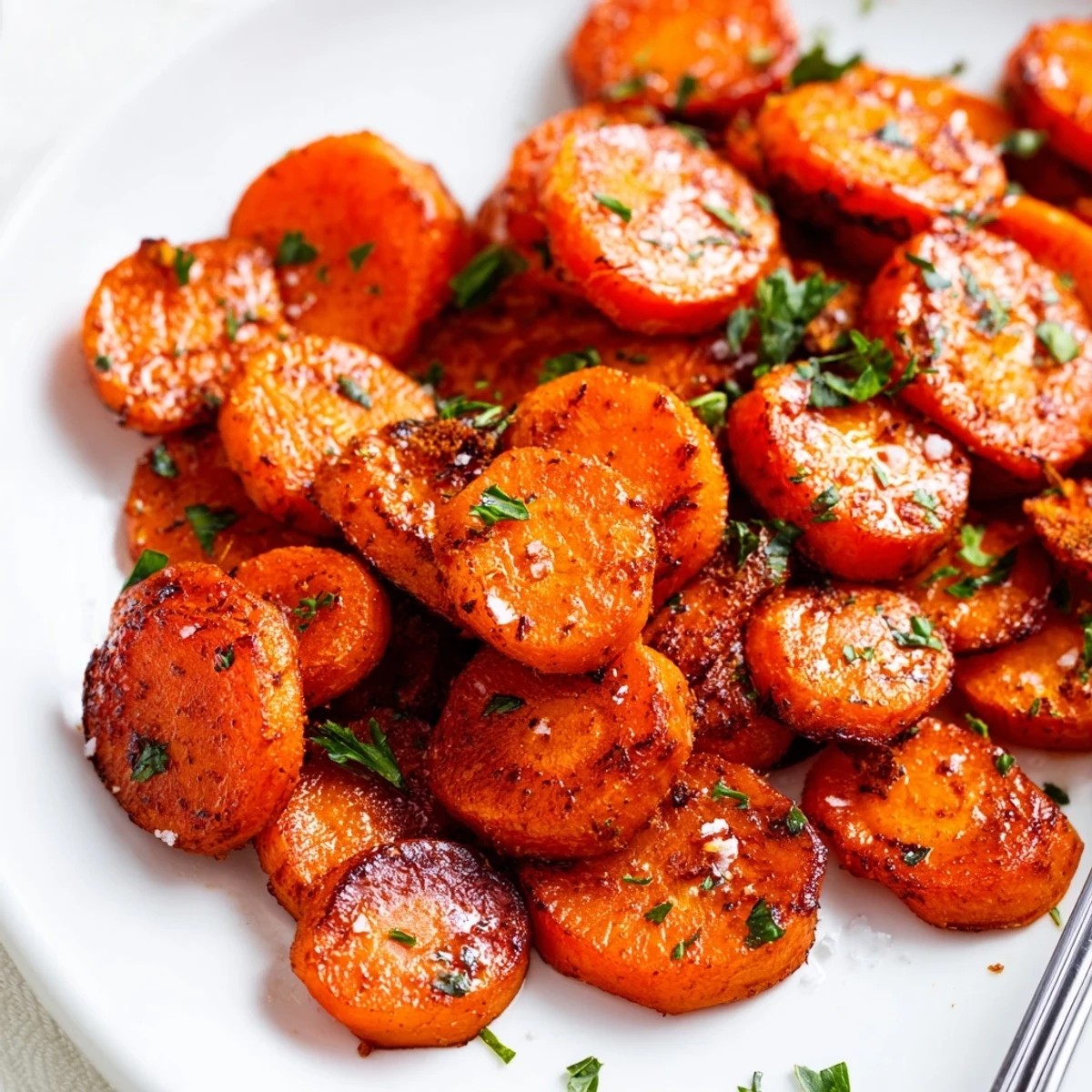Warm Smoky Roasted Carrot Coins served with flaky sea salt and parsley