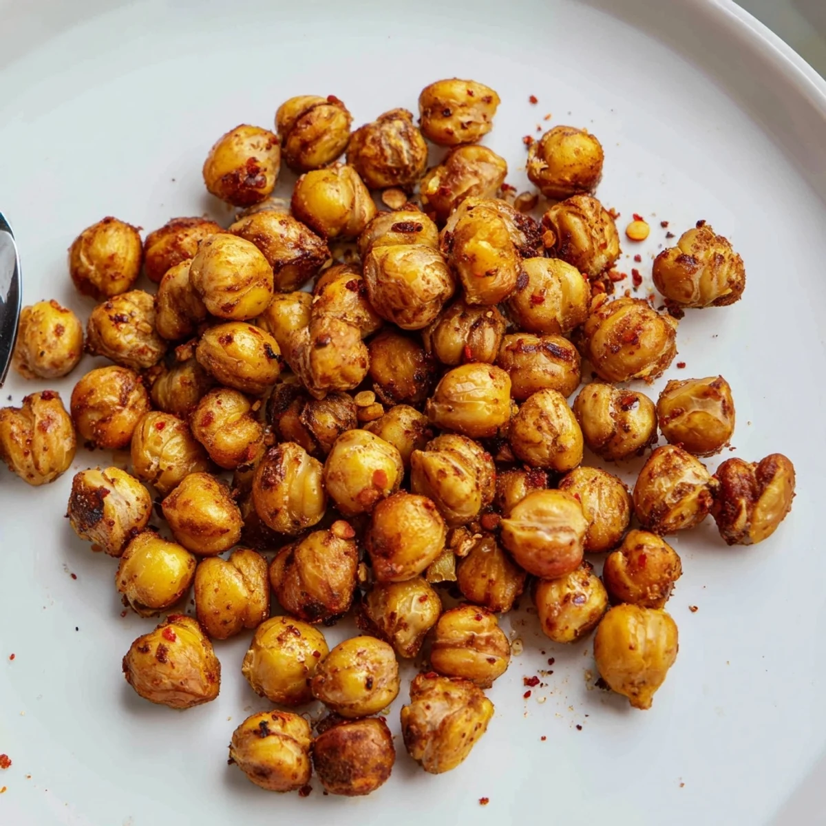 Warm Crispy Garlic Chili Chickpea Crunch scattered over greens for savory contrast