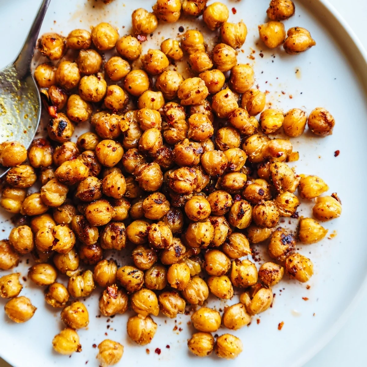 Crunchy snack: Crispy Garlic Chili Chickpea Crunch cooling on parchment, smoky aroma