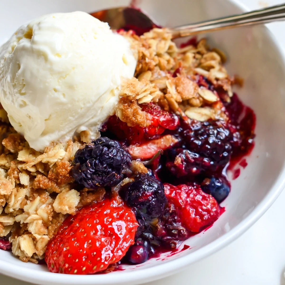 Vanilla Coconut Berry Crisp bubbling in a 9-inch dish, golden coconut topping