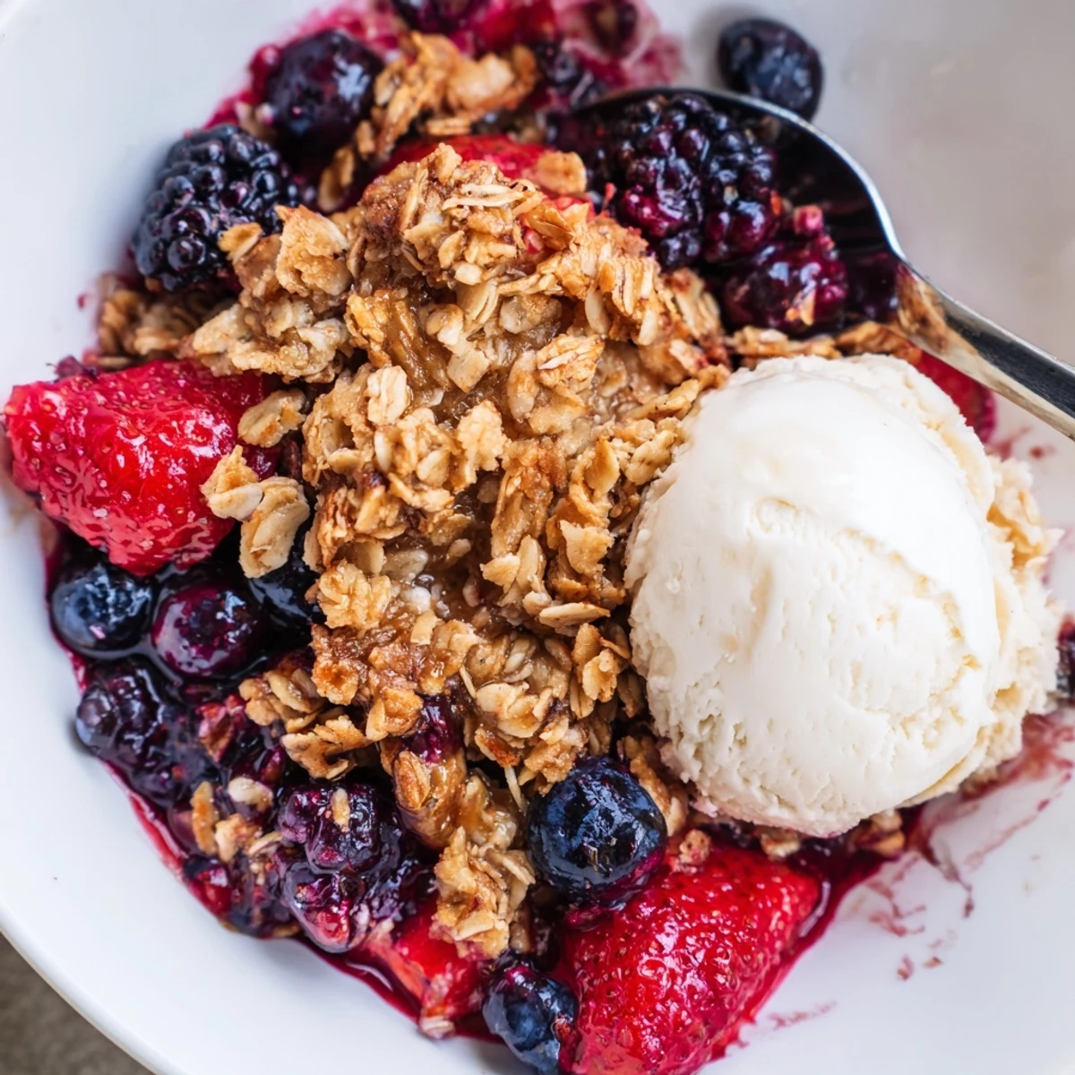 Juicy mixed berries under Vanilla Coconut Berry Crisp’s crunchy oat coconut crumble