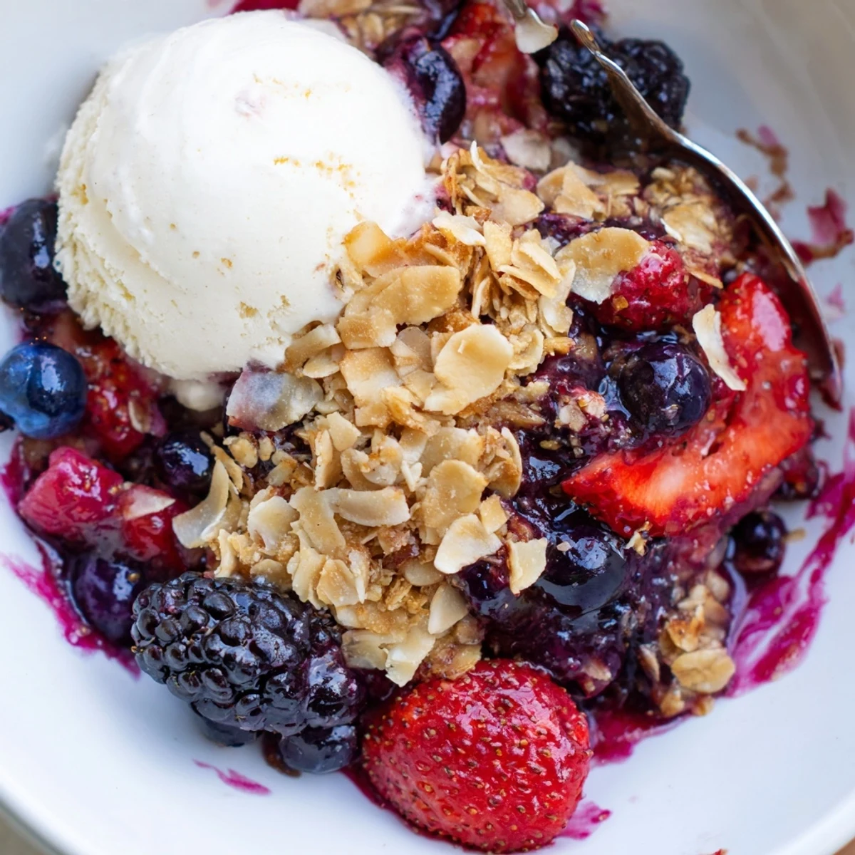 Warm Vanilla Coconut Berry Crisp served with melting vanilla ice cream and mint