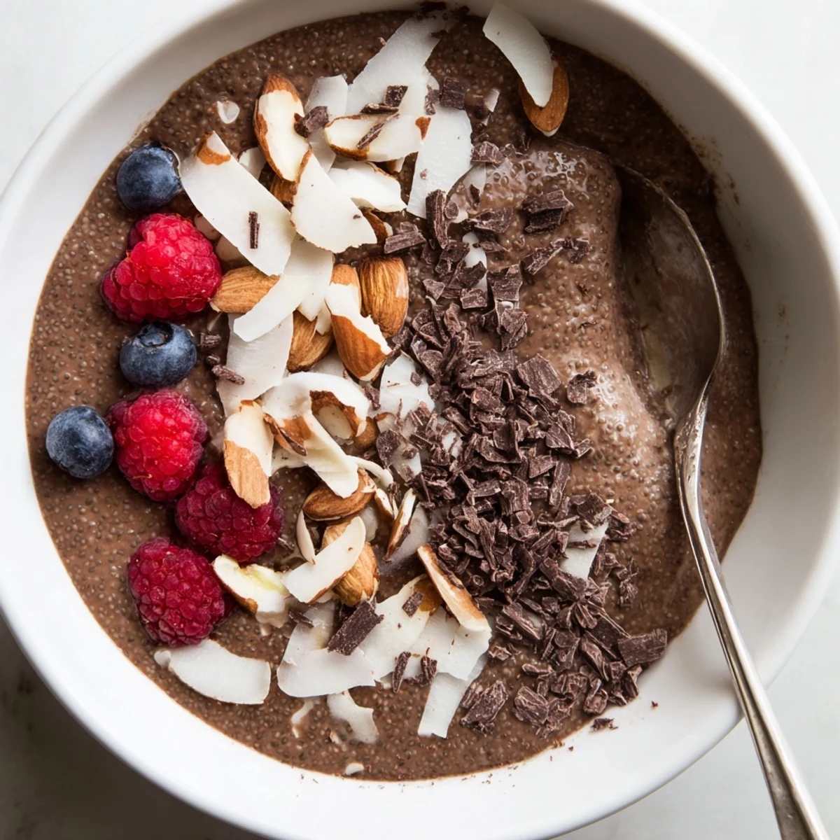 Cocoa Almond Coconut Chia Indulgence served chilled in a clear parfait glass