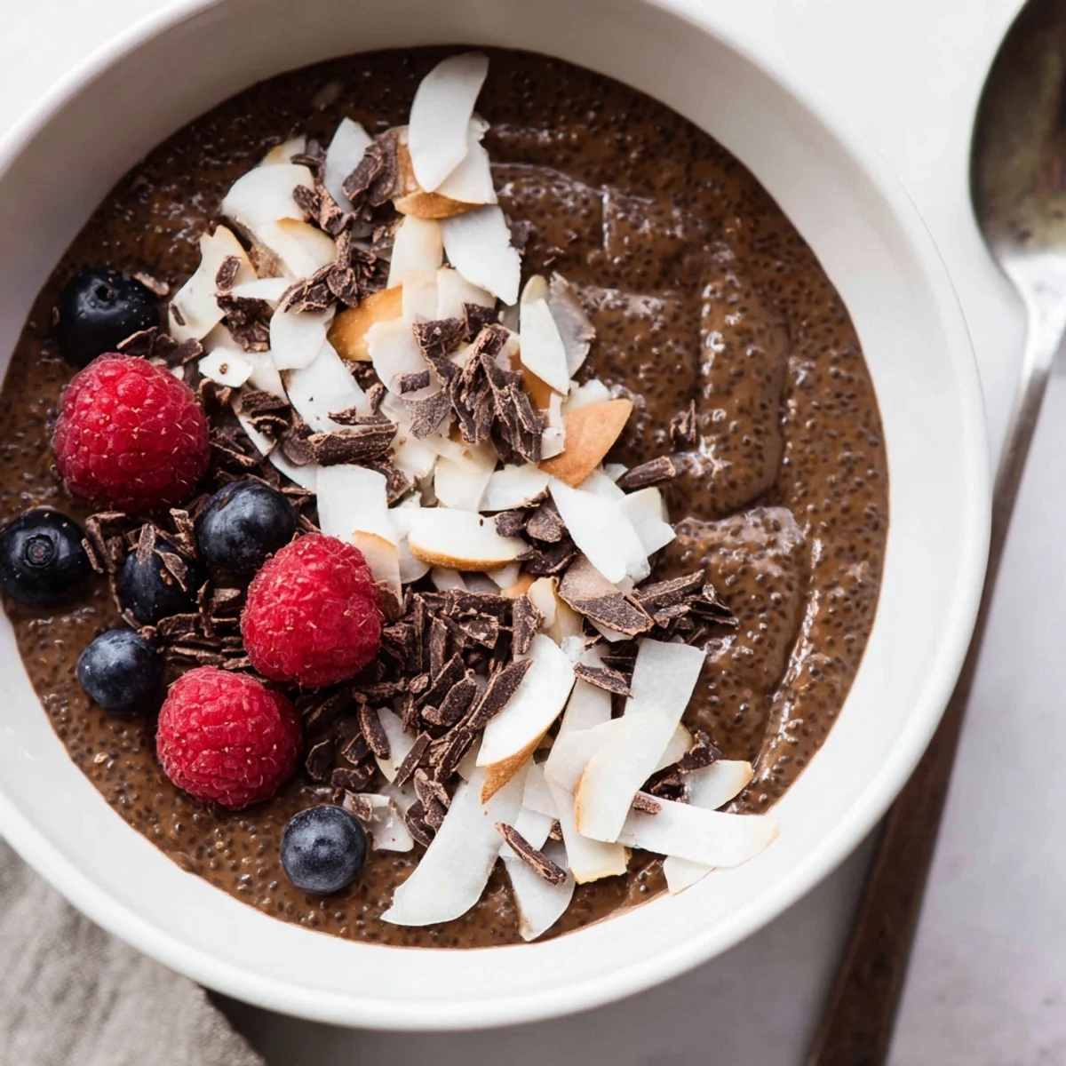 Silky Cocoa Almond Coconut Chia Indulgence topped with toasted sliced almonds, shredded coconut