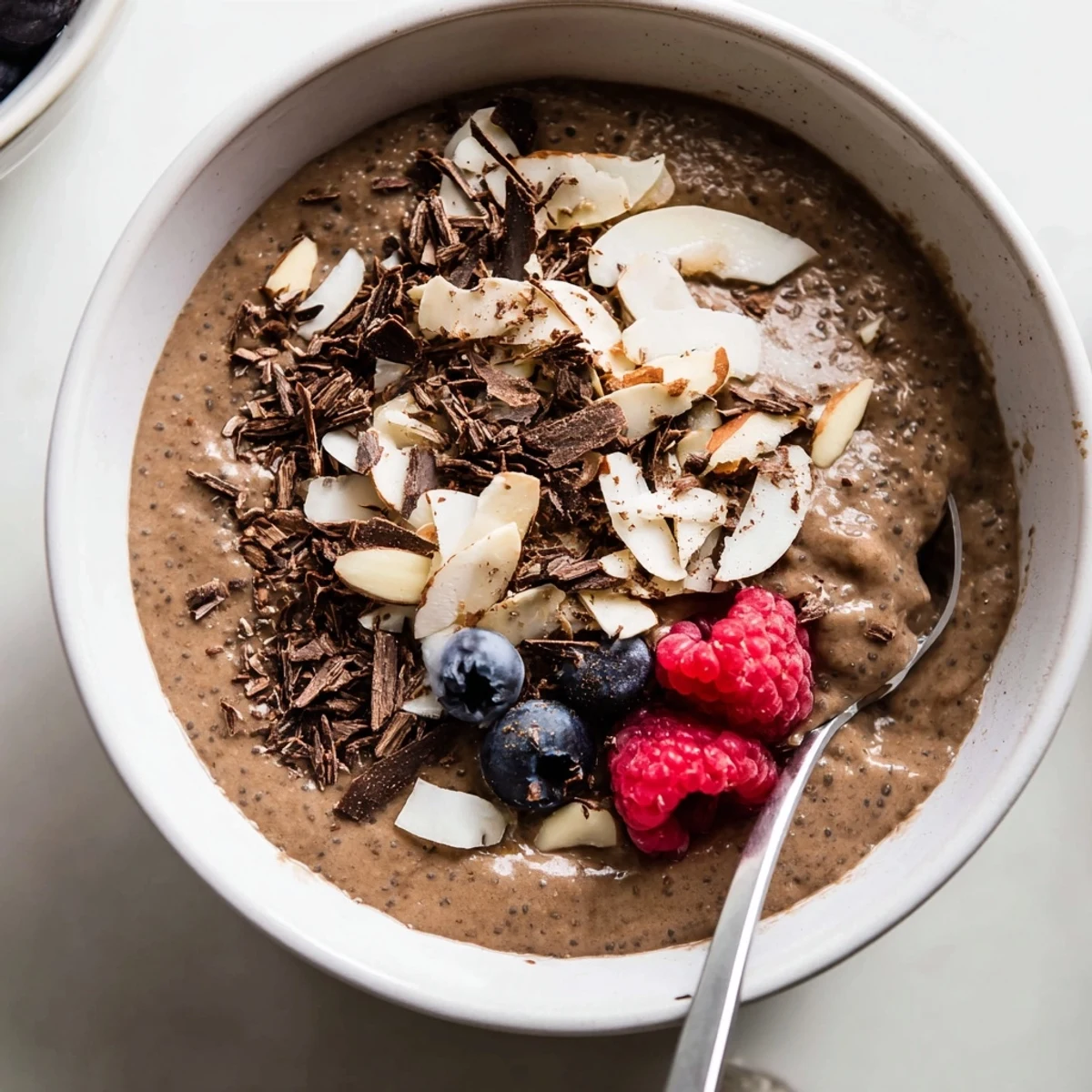 Velvety Cocoa Almond Coconut Chia Indulgence finished with dark chocolate shavings, fresh berries