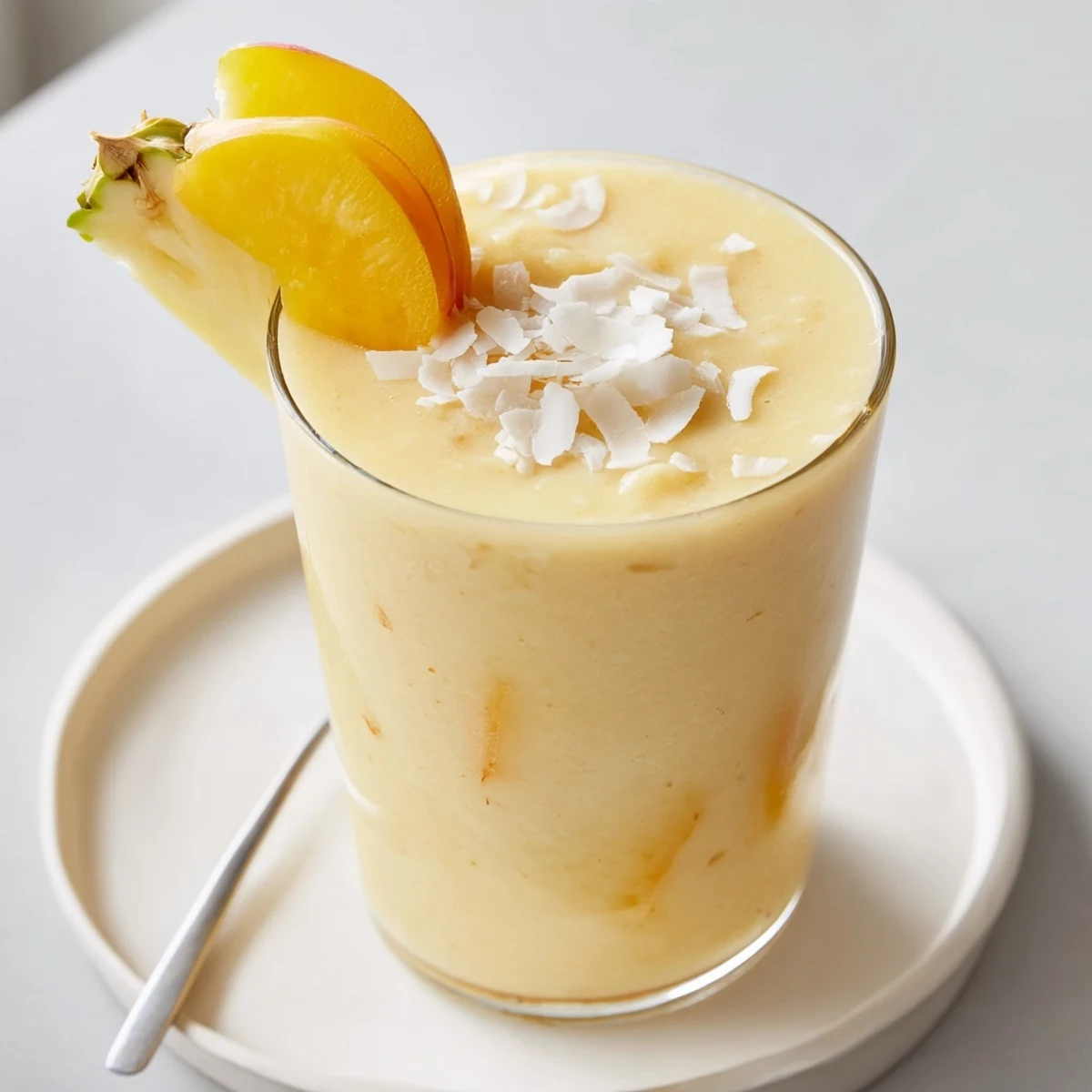Pineapple Peach Coconut Smoothie in chilled glass, topped with shredded coconut.