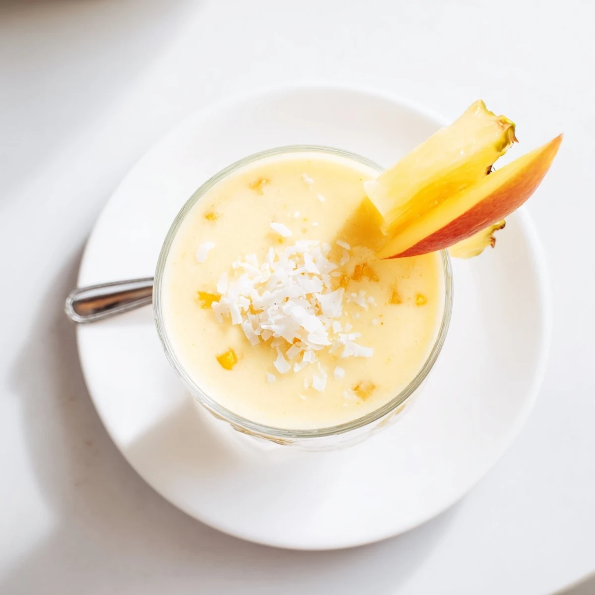 Icy Pineapple Peach Coconut Smoothie made with creamy coconut milk, fresh peach slices.