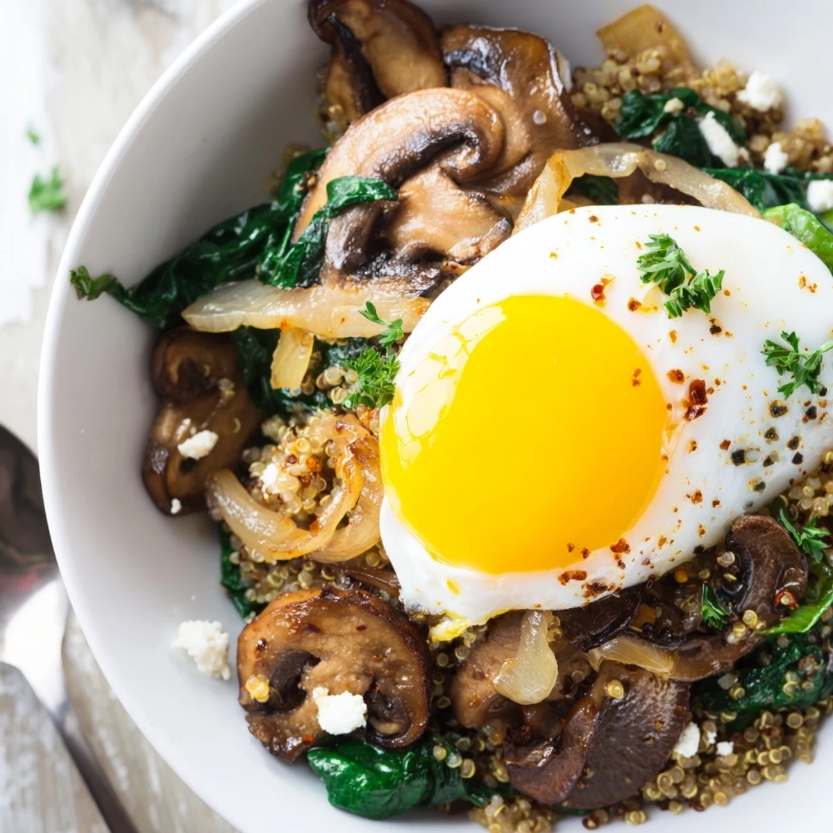 Savory Mushroom and Spinach Quinoa Breakfast Bowl with runny egg, wilted greens.