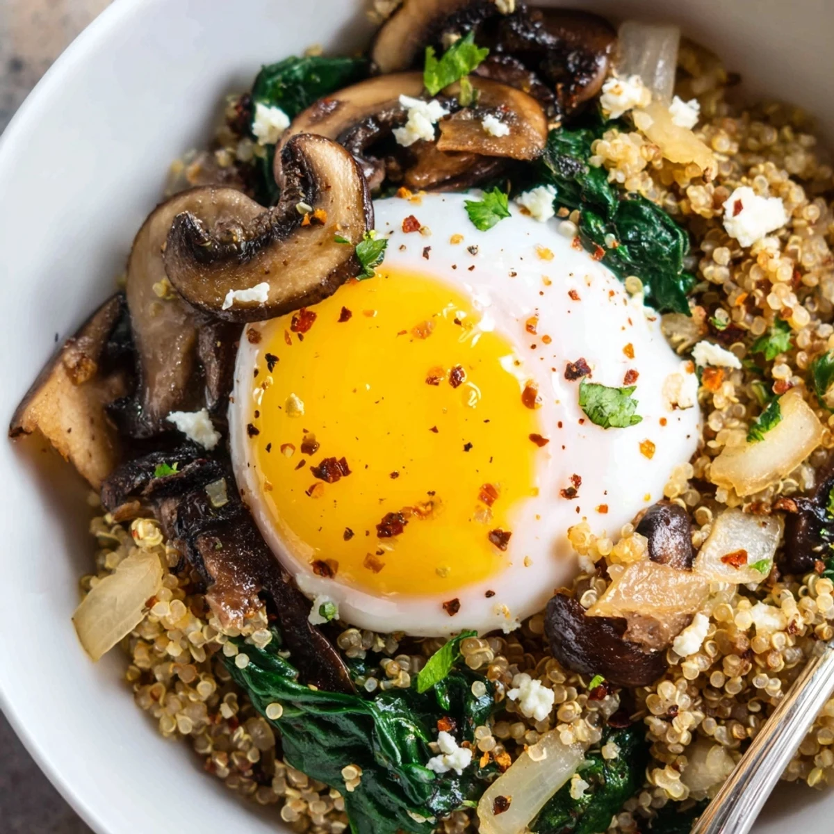 Warm Savory Mushroom and Spinach Quinoa Breakfast Bowl served with sriracha drizzle.