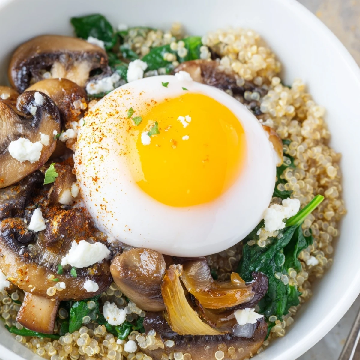 Savory Mushroom and Spinach Quinoa Breakfast Bowl topped with crumbled feta and parsley.