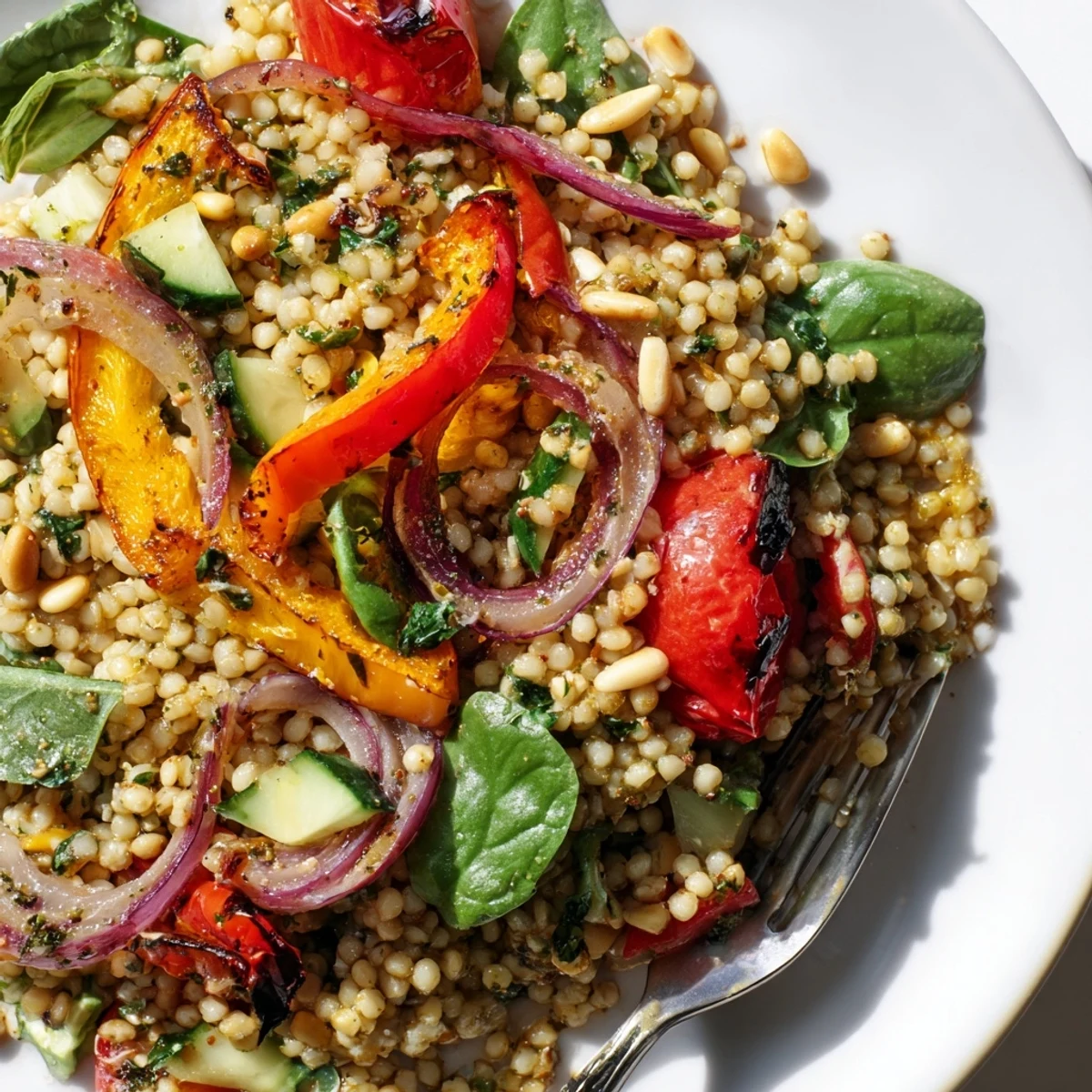 Warm Millet and Roasted Bell Pepper Salad tossed with lemon-herb dressing