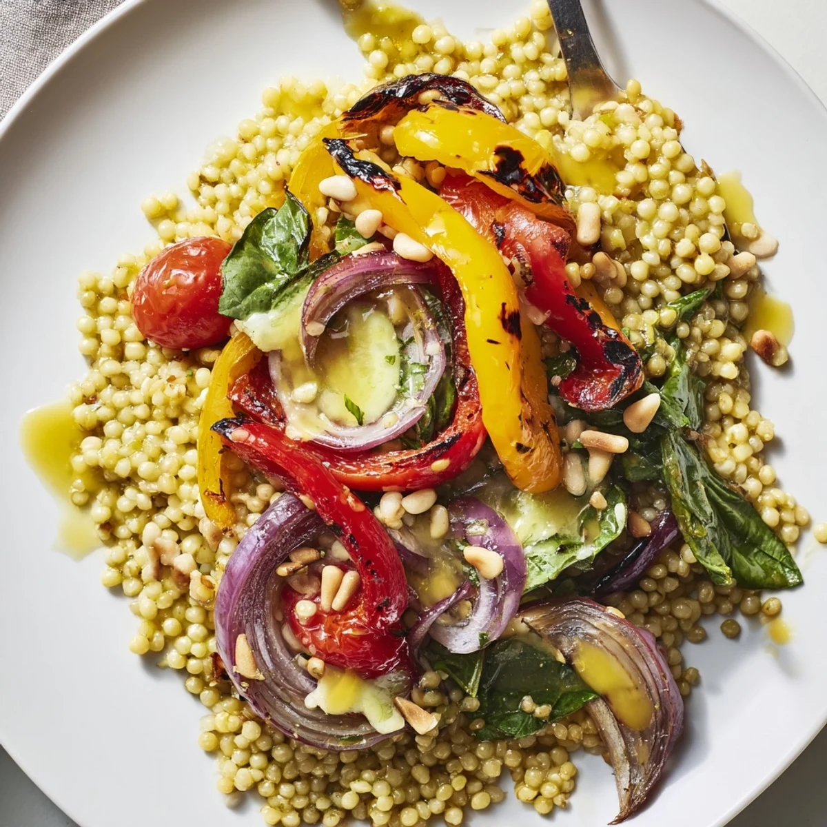 Close-up of Warm Millet and Roasted Bell Pepper Salad topped with toasted pine nuts