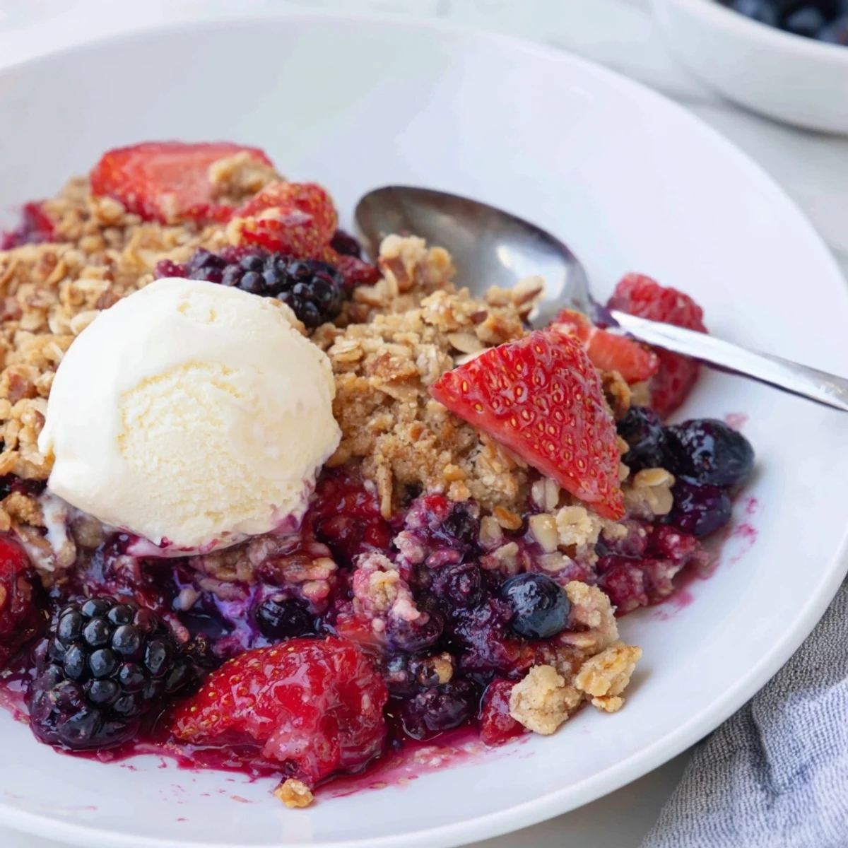 Warm Vanilla Maple Berry Bake spooned into bowls with melting vanilla ice cream