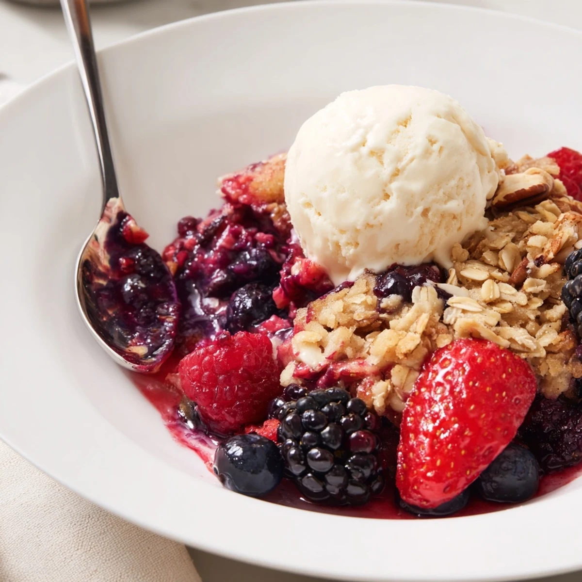 Vanilla Maple Berry Bake with bubbling mixed berries and golden oat crumble