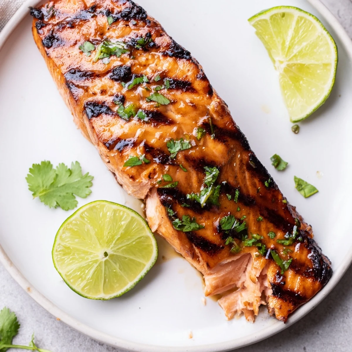 Seared Honey Lime Grilled Salmon Fillet served on plate with cilantro and rice