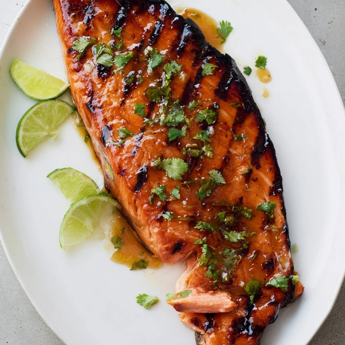 Honey Lime Grilled Salmon Fillet glistening with honey glaze, charred edges, lime wedge