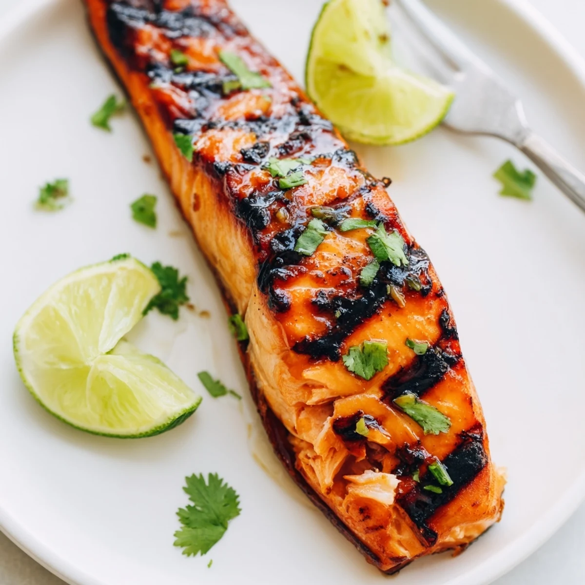 Citrus bright Honey Lime Grilled Salmon Fillet, tender flakes, smoky grill aroma