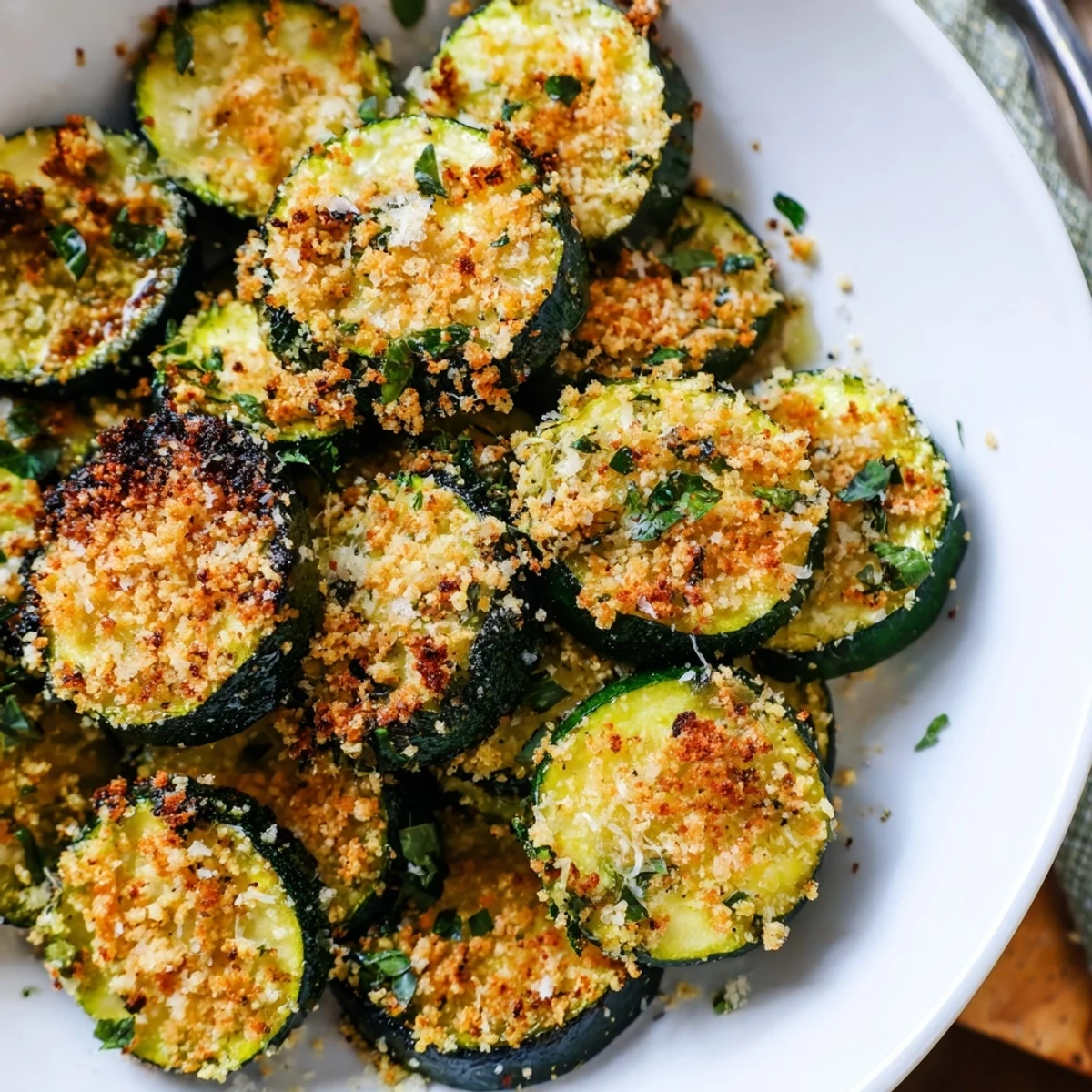Roasted Zucchini With Garlic Herb Crumble on parchment, golden crunchy herb topping  