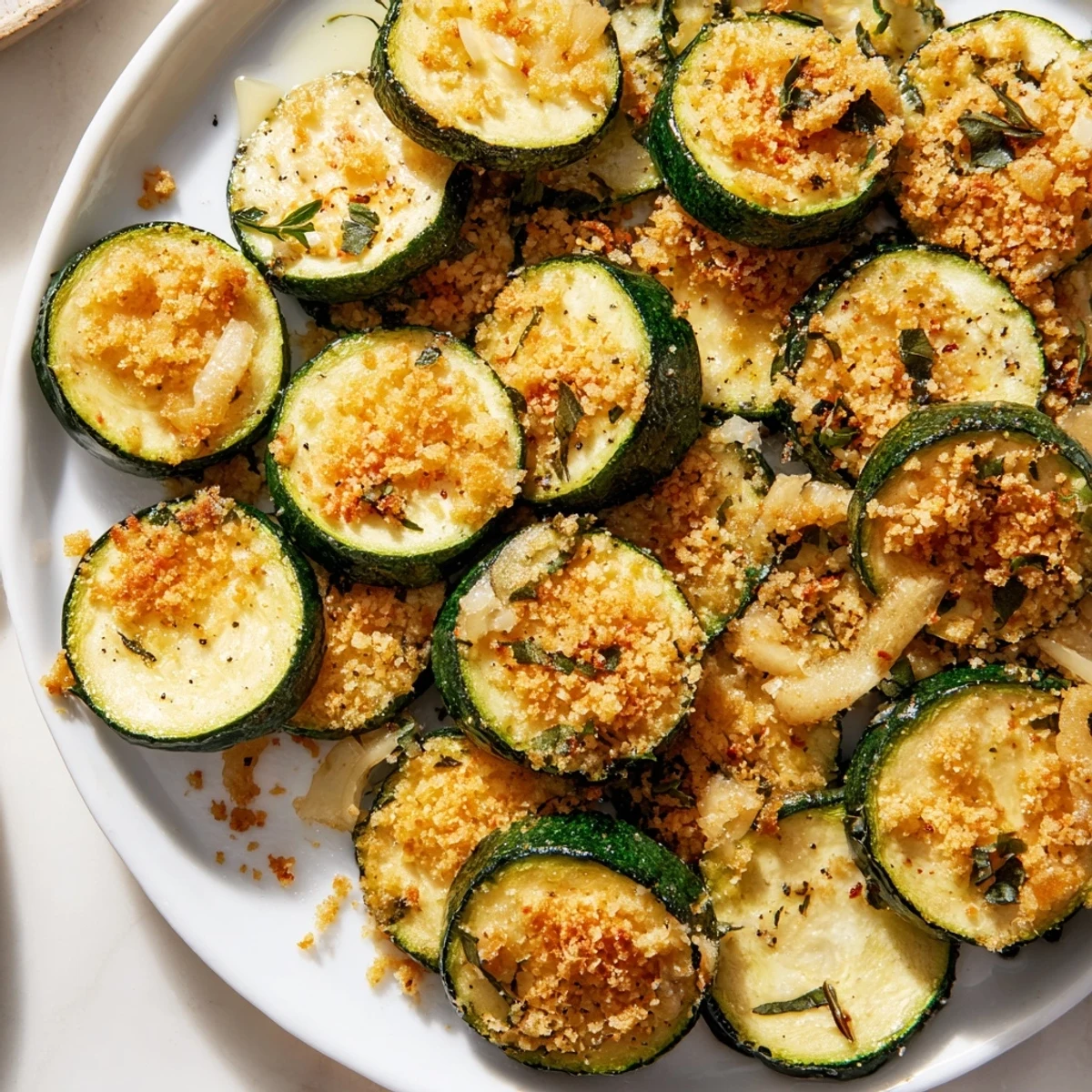Plated Roasted Zucchini With Garlic Herb Crumble, tender rounds beneath crisp, buttery crumble