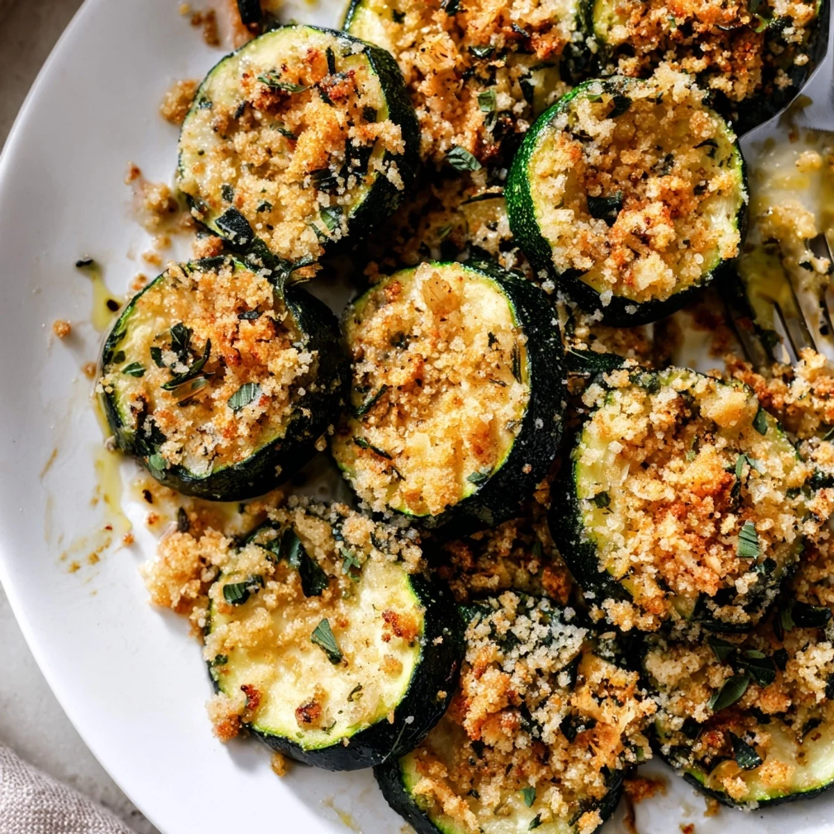 Warm Roasted Zucchini With Garlic Herb Crumble garnished with lemon zest and parsley  