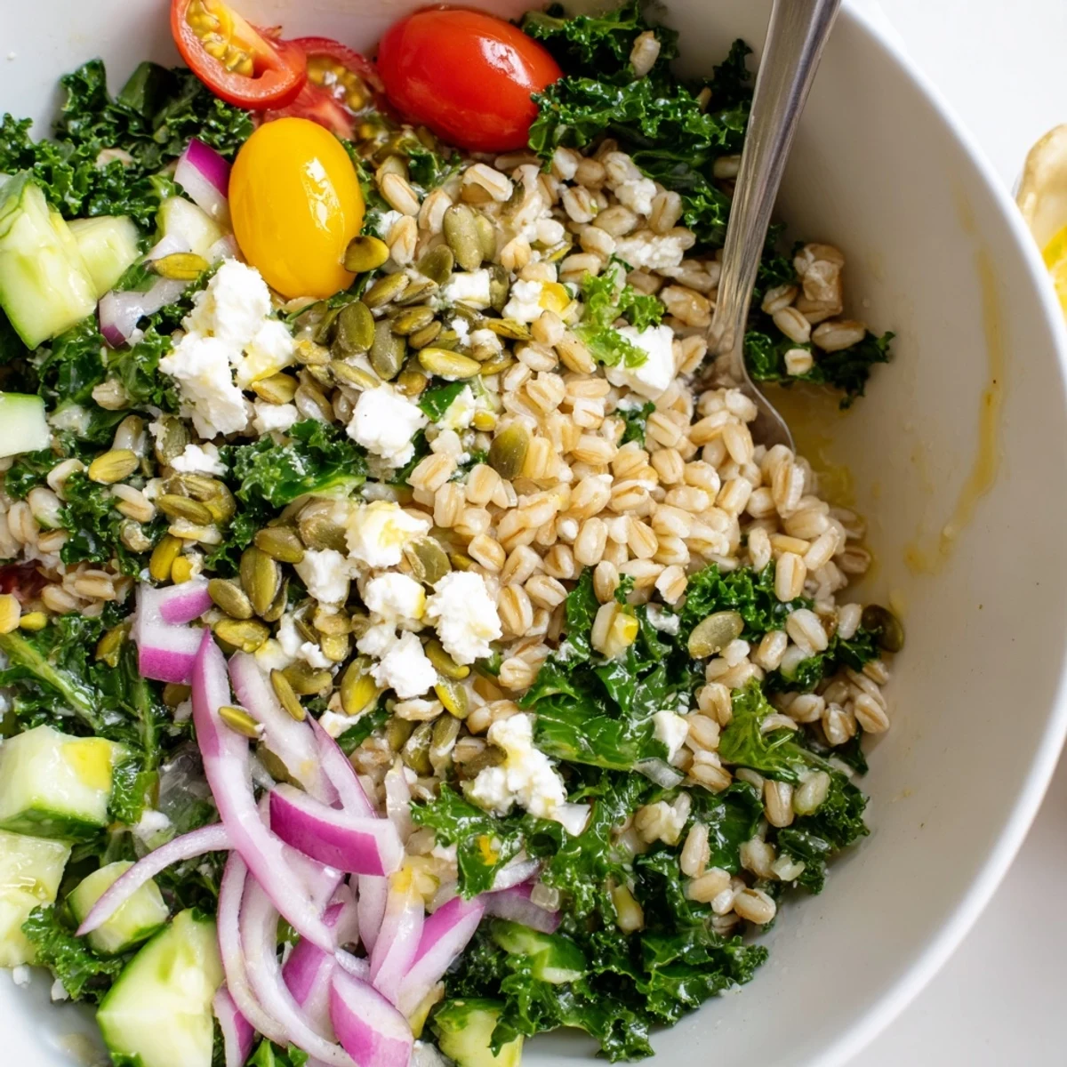 Serve Citrus Herb Barley and Kale Bowl warm or chilled with crunchy pumpkin seeds