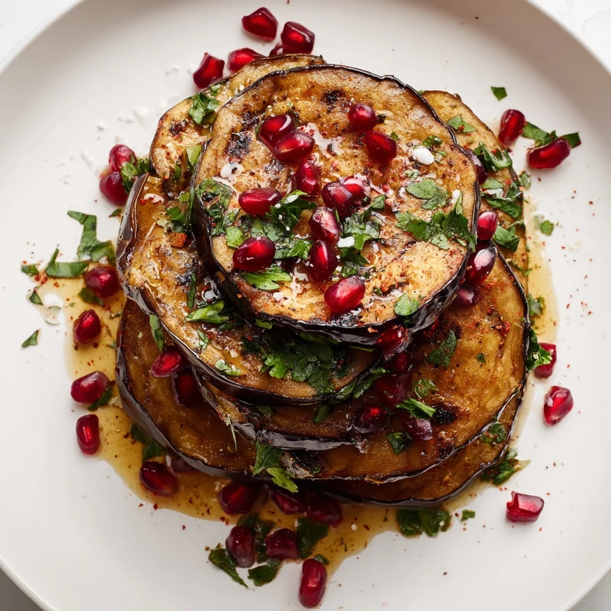 Smoky Roasted Eggplant Rounds served atop crusty bread with pomegranate seeds.