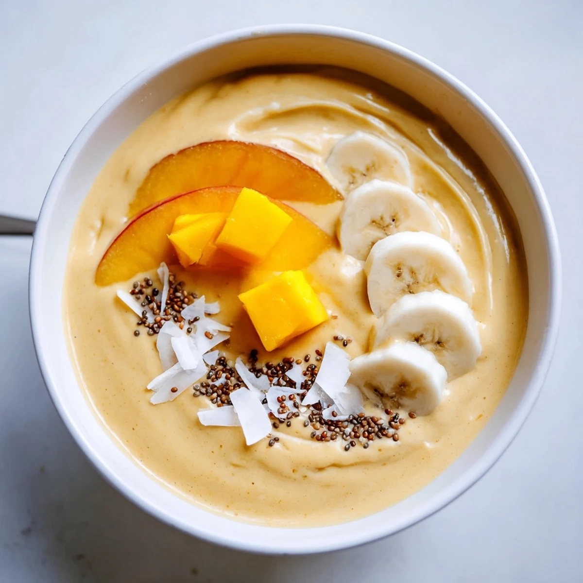 Mango Peach Coconut Smoothie, creamy tropical blend poured into chilled glasses, shredded coconut.