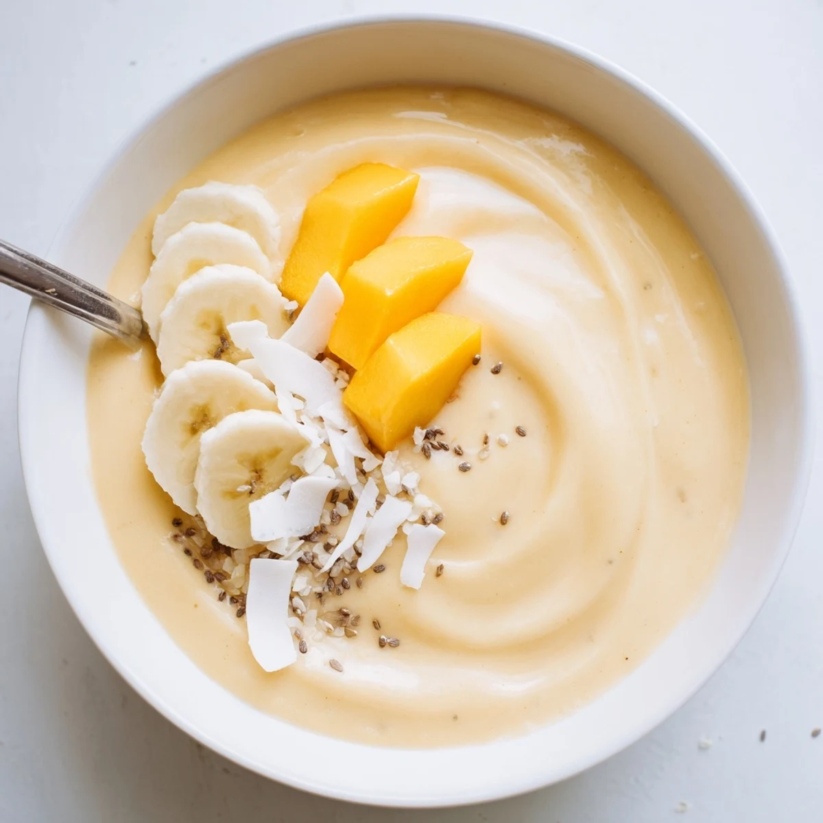 Icy Mango Peach Coconut Smoothie in blender, fragrant, naturally sweet, ideal brunch refresher.