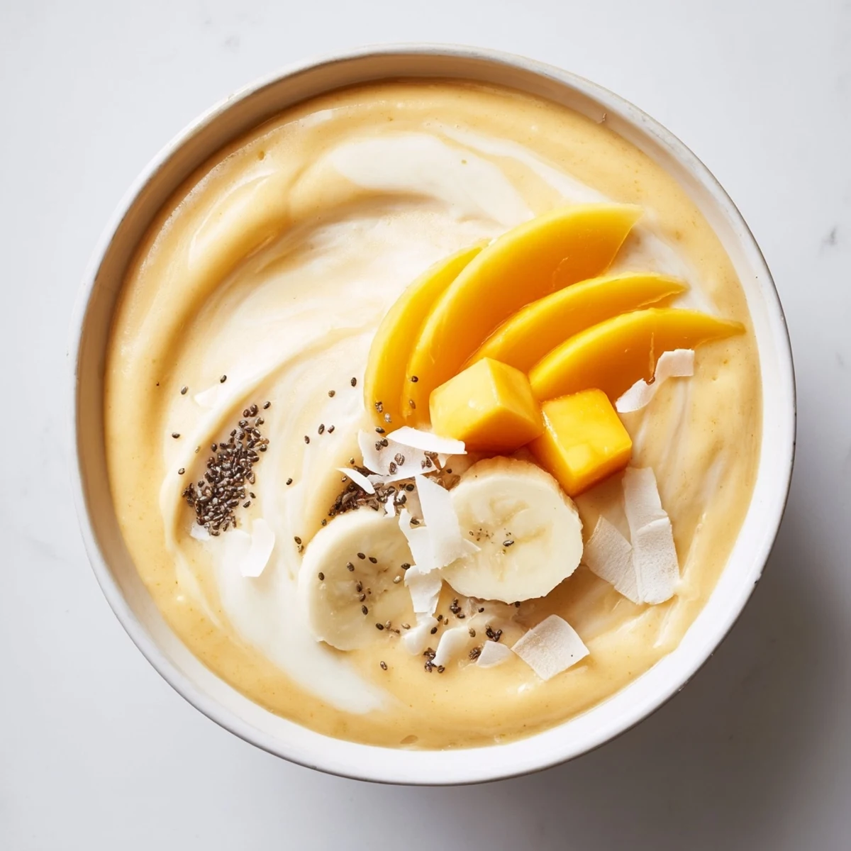 A silky Mango Peach Coconut Smoothie garnished with fresh peach slices and mint.