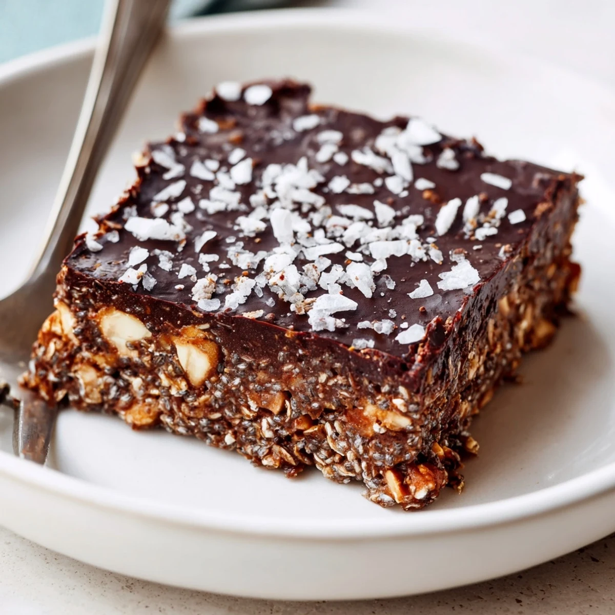 Cocoa Cashew Coconut Chia Indulgence on parchment, dense cashew base, coconut flakes