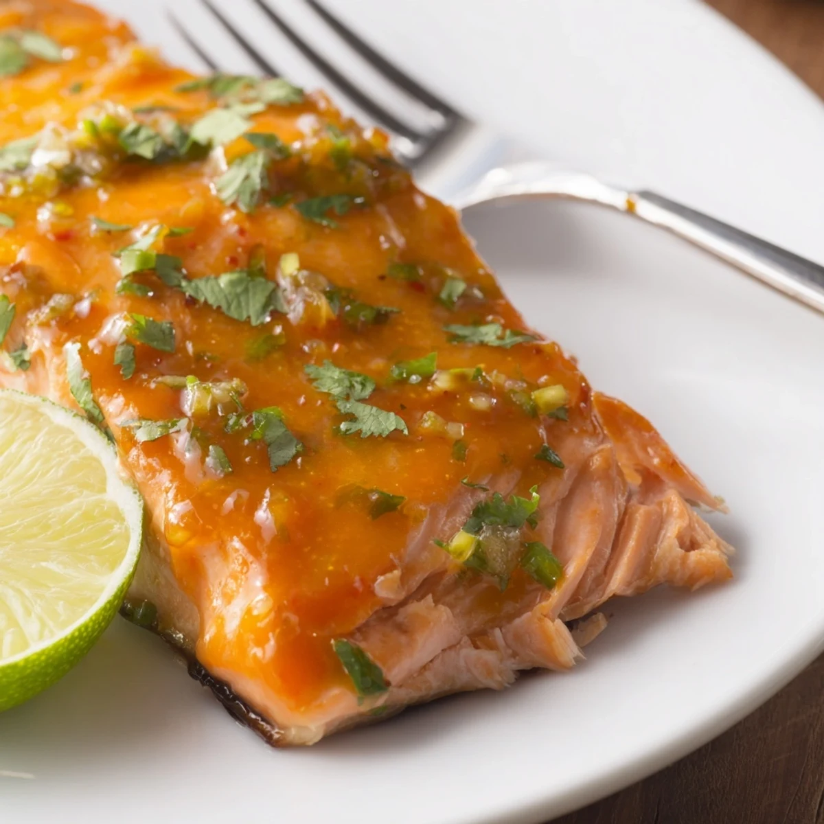 Baked Citrus Chili Glazed Salmon Fillet drizzled with extra glaze, fragrant cilantro