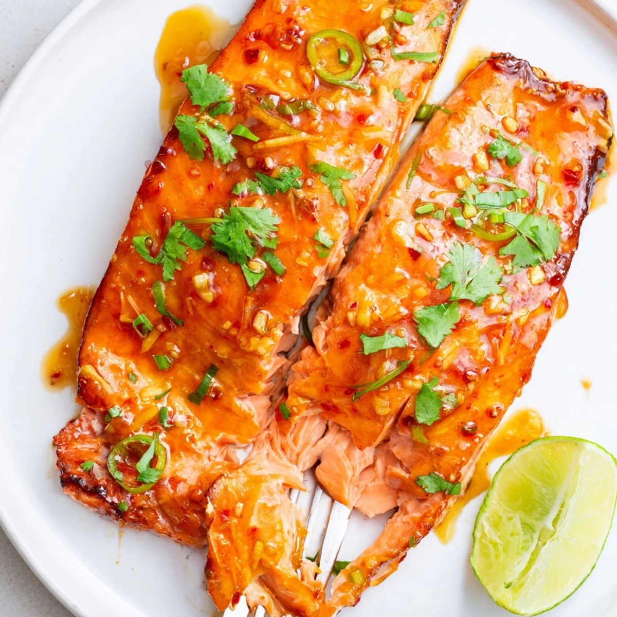 Citrus Chili Glazed Salmon Fillet plated beside jasmine rice, bright citrus aroma