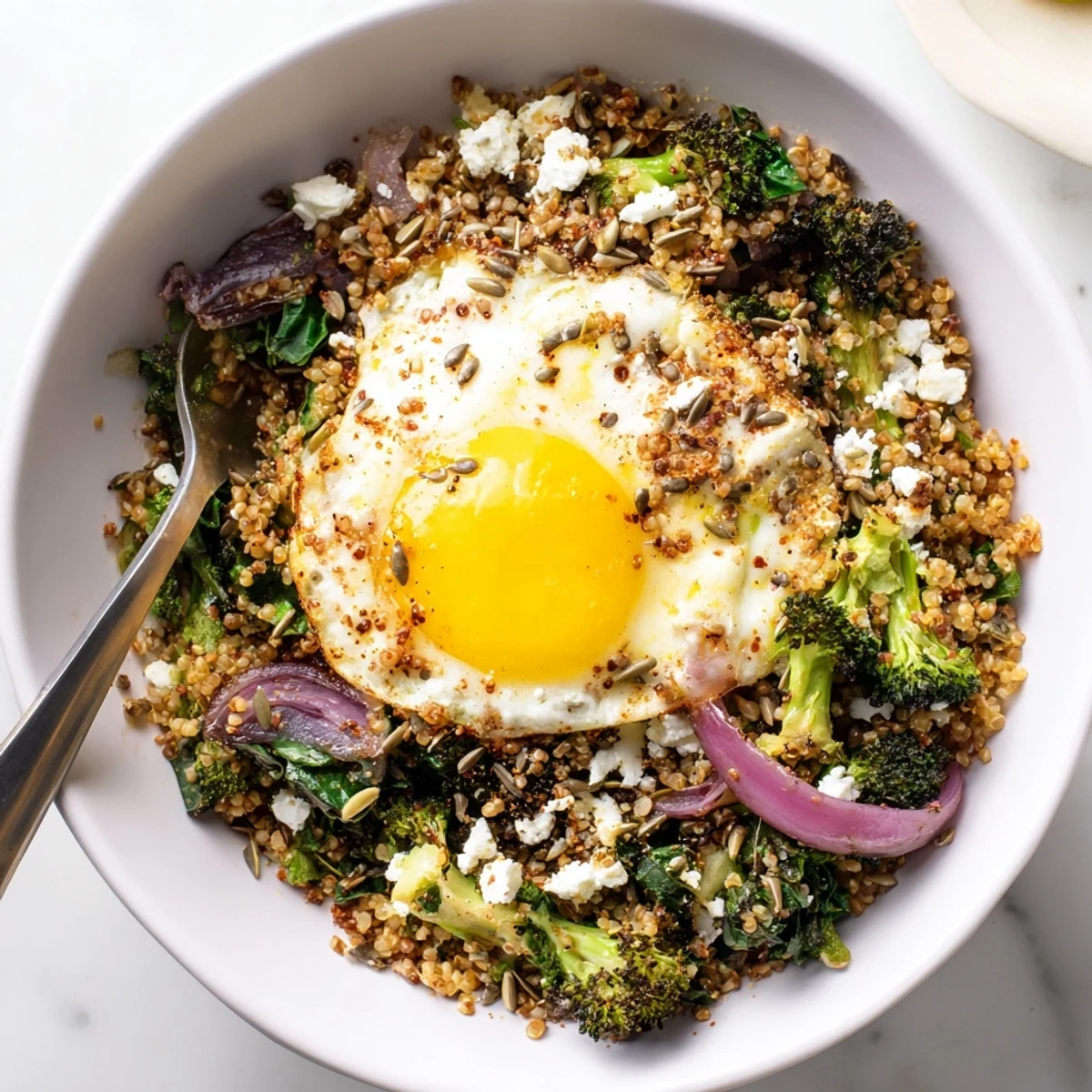 Savory Broccoli and Spinach Millet Breakfast Bowl topped with runny poached egg