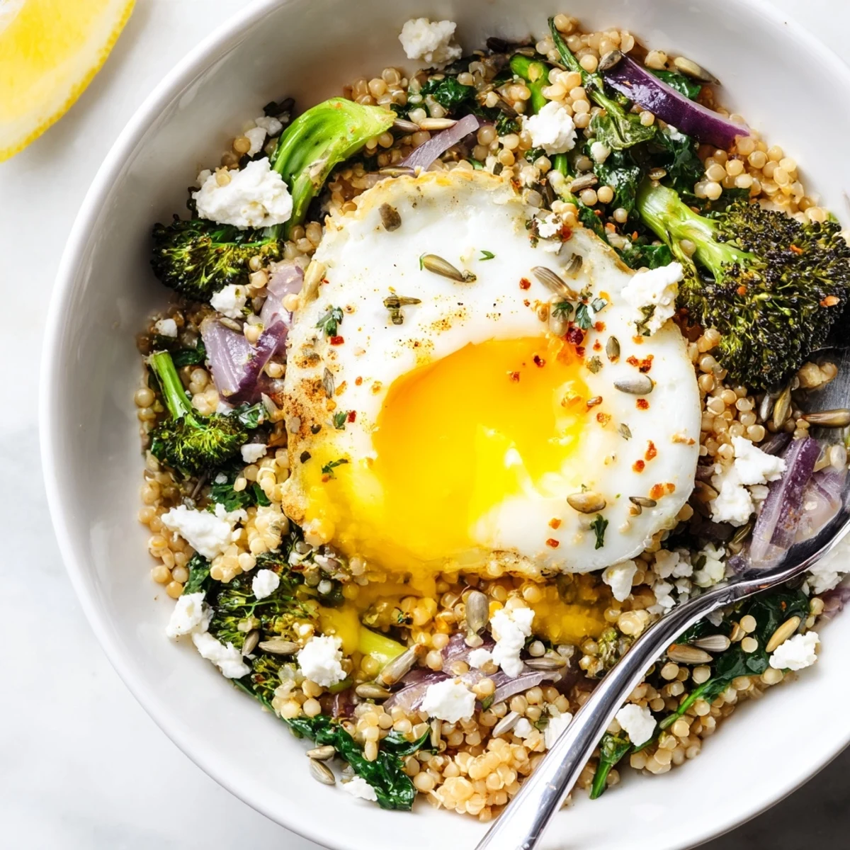 Skillet sautéed vegetables over Savory Broccoli and Spinach Millet Breakfast Bowl, fragrant cumin