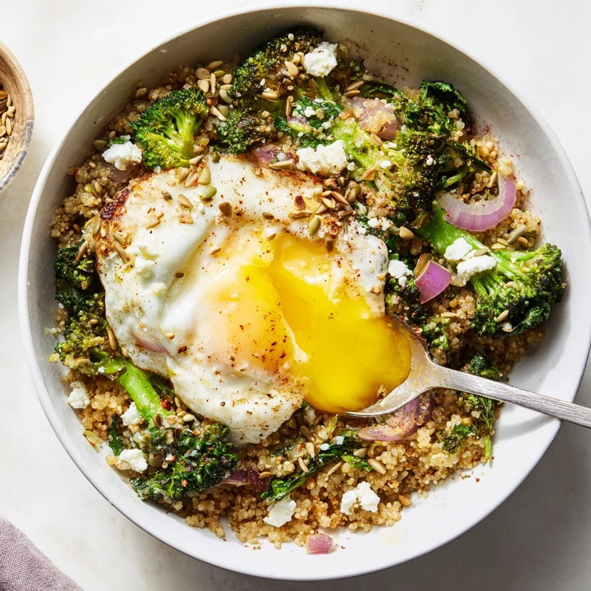 Bright Savory Broccoli and Spinach Millet Breakfast Bowl with lemon wedge, toasted seeds