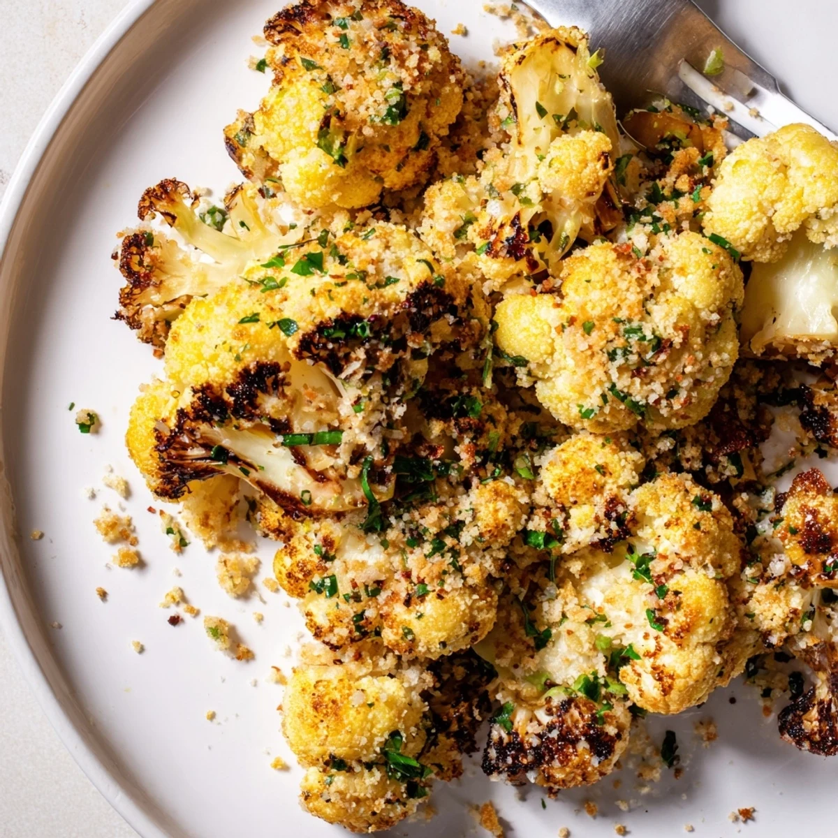 Roasted Cauliflower With Lemon Herb Crunch piled on platter, golden, zesty